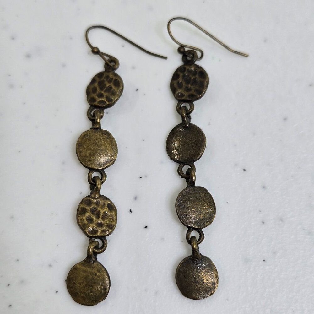 Drop Earrings Textured Gold Tone Dangle Hammered Disc Circle Brutalist